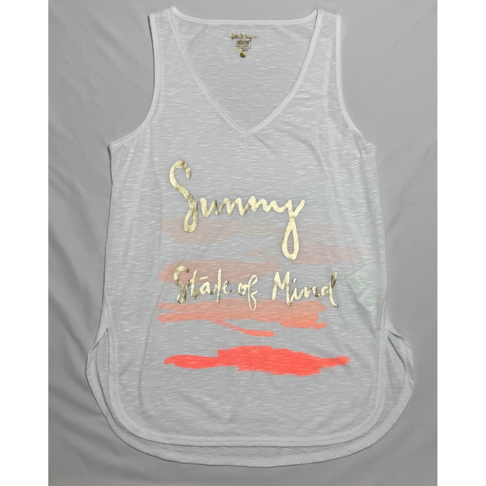 Lilly Pulitzer Luxletic Sunny State of Mind Graphic Tank Top White Gold XS Beach